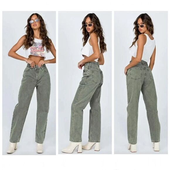 Princess Polly Holly Green Denim Asymmetric Button Fly Straight Leg Jeans Size 2 - Picture 1 of 9